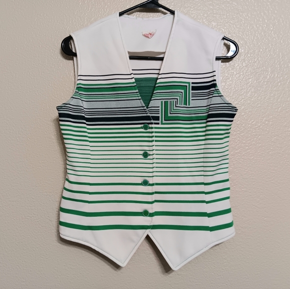 Bodin Knits Vintage 60s 70s Green White Navy Striped Poly Knit Vest - Picture 1 of 4
